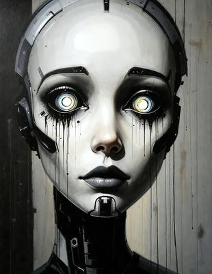 The primary subject of the image is a painting or drawing of a robotic face with a human-like appearance. The face is adorned with a pair of glowing eyes, and the background features a wall with a wooden texture. The visual style of the image is a combination of digital art and illustration, creating a unique and intriguing scene. The colors and mood of the image are predominantly dark, with the glowing eyes being the main source of light and interest.